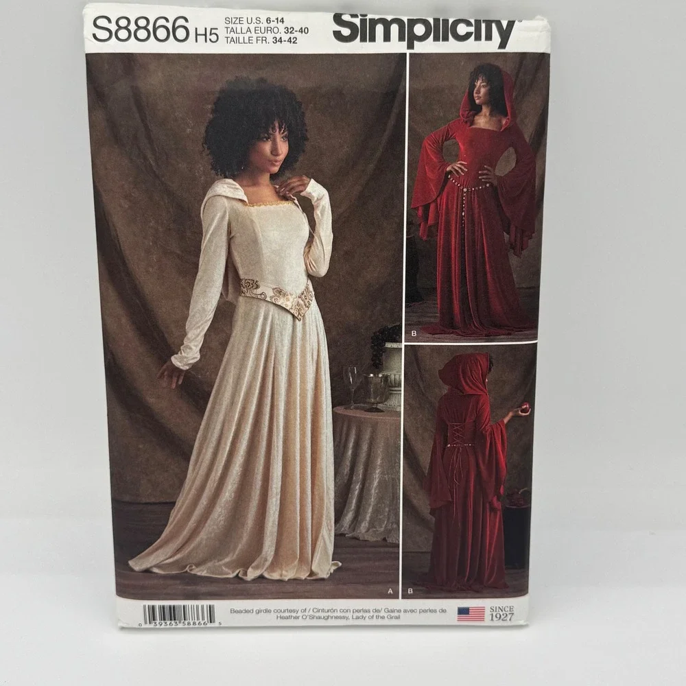 Simplicity S8866 Medieval Fantasy Gown Sewing Pattern Hooded Dress Size 6-14